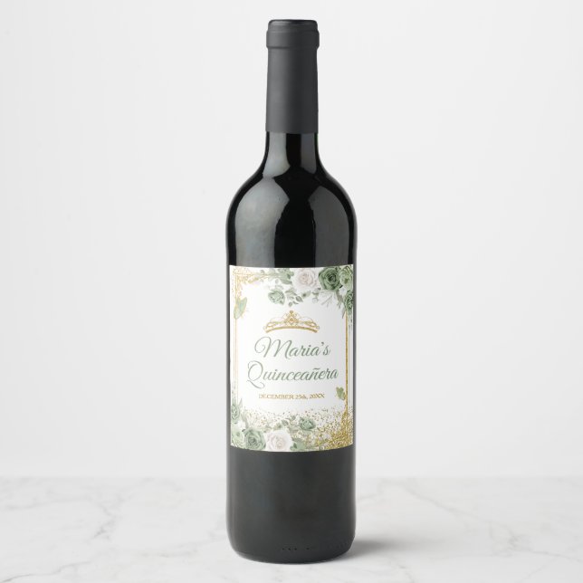 Gold Quinceañera Sage Green Crown Butterfly Wine Label (Front)