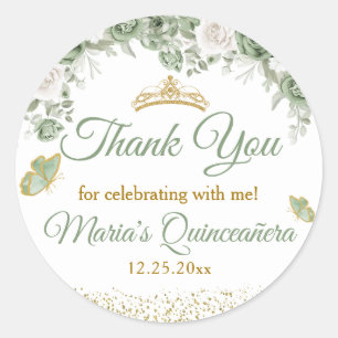 Gold Quinceañera Sage Green Crown Thank You Classic Round Sticker
