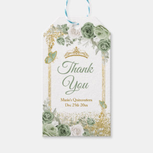 Gold Quinceañera Sage Green Crown Thank You Gift Tags