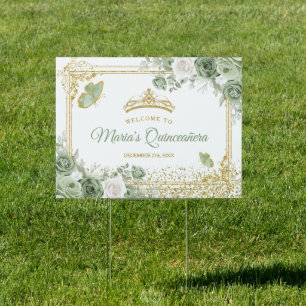 Gold Quinceañera Sage Green Crown Welcome Yard Sign