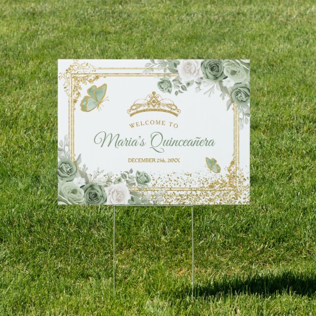 Gold Quinceañera Sage Green Crown Welcome Yard Sign (Insitu)