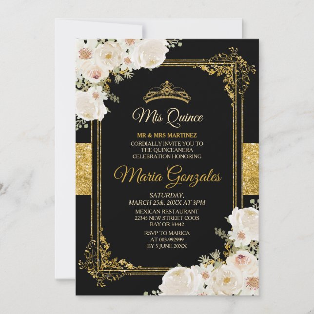 Gold Quinceanera White Mexican Girl 15th Birthday Invitation (Front)