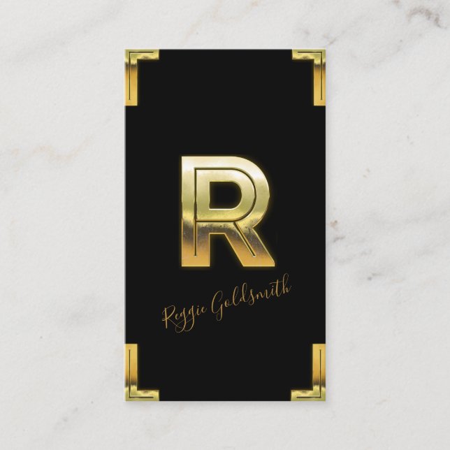 Gold R Initial and Borders Business Card (Front)