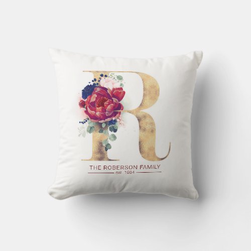 Gold R Monogram Floral Burgundy Red and Navy Blue Throw Pillow