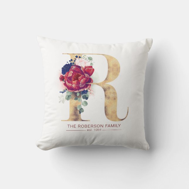 Gold R Monogram Floral Burgundy Red and Navy Blue Throw Pillow (Front)