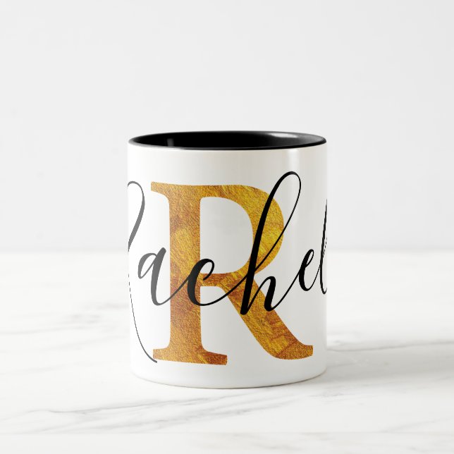 Gold 'R' Monogram w/ Personalized Name Two-Tone Coffee Mug (Center)
