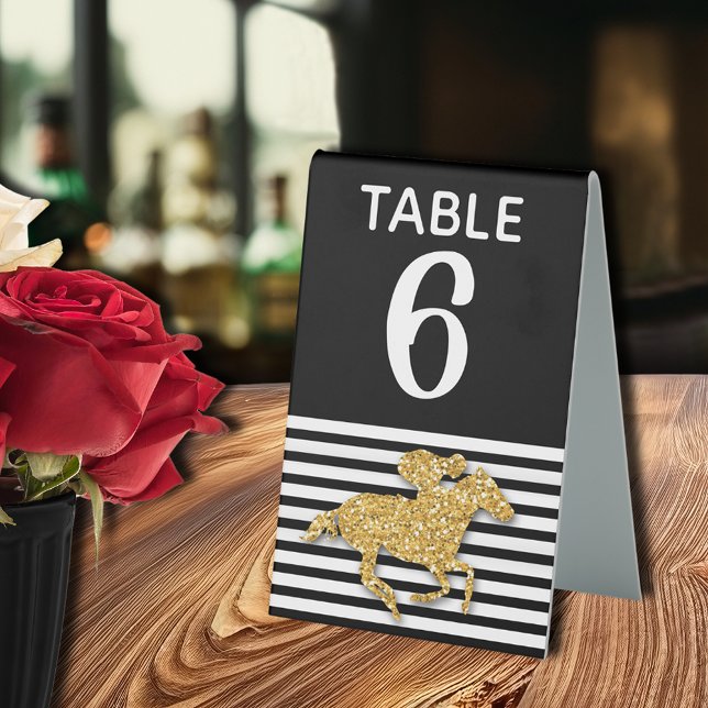 Gold Race Horse Black White Stripes Table Tent (Gold racehorse Derby-theme bridal shower table number tent-style tabletop sign)