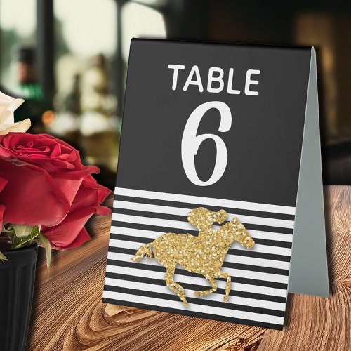 Gold Race Horse Black White Stripes Table Tent Sign
