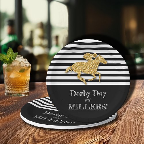 Gold Race Horse on Black and White Stripes Paper Plates