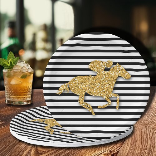 Gold Race Horse on Black and White Stripes Paper Plates