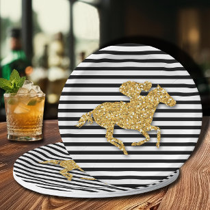 Gold Race Horse on Black and White Stripes Paper Plates