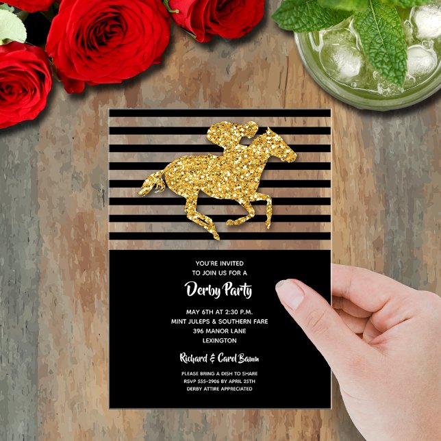 Gold Racehorse Black Stripes Derby Party Acrylic Invitations (Gold faux glitter racehorse and jockey on black and white stripes clear acrylic party invitations)