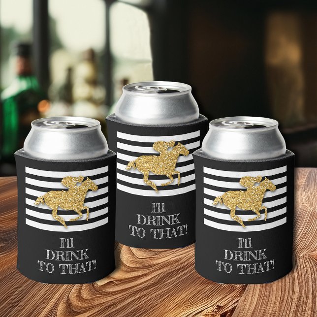 Gold Racehorse Black White Stripes Birthday Can Cooler (Add your personalization to the bottom of these can coolers.)