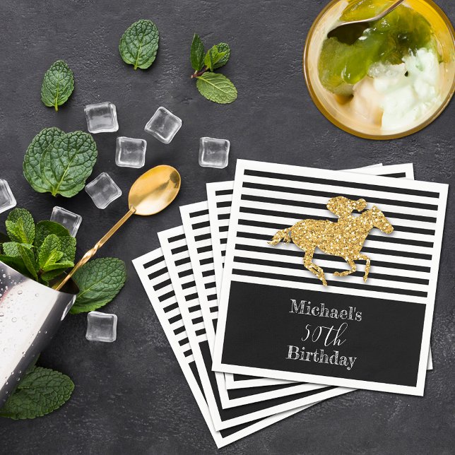 Gold Racehorse Black White Stripes Birthday Napkins (Gold racehorse and jockey on black and white stripes Derby  party cocktail napkins)