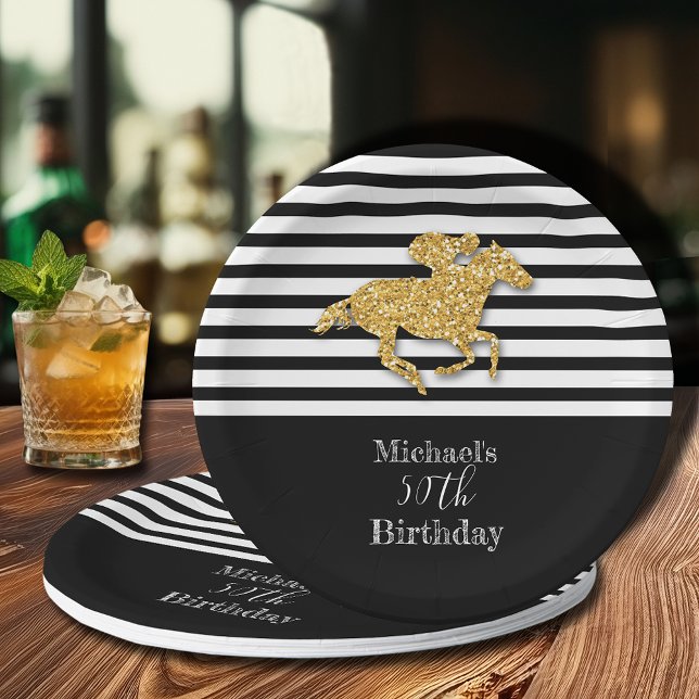 Gold Racehorse Black White Stripes Birthday Paper Plates (Creator Uploaded)