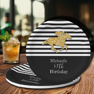 Gold Racehorse Black White Stripes Birthday Paper Plates