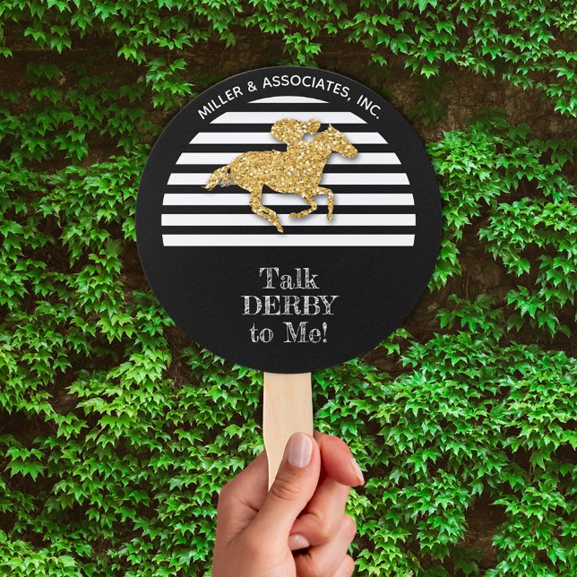 Gold Racehorse Black White Stripes Company Hand Fan (Talk Derby to Me gold racehorse on black and white stripes company name Hand fans)