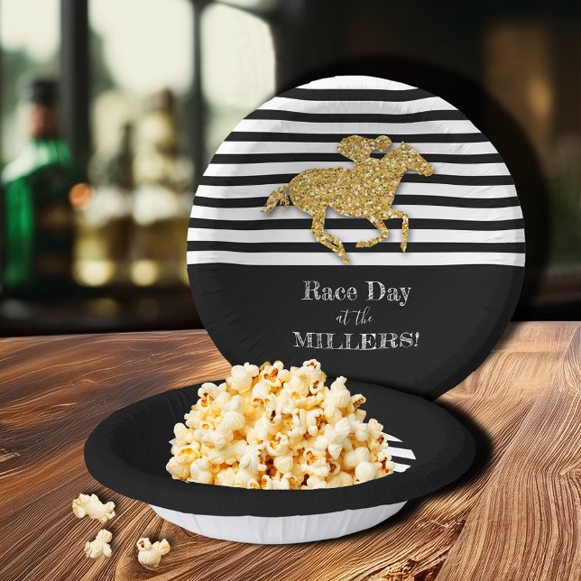 Gold Racehorse Black White Stripes Paper Bowls (Gold racehorse on black and white stripes paper bowls)