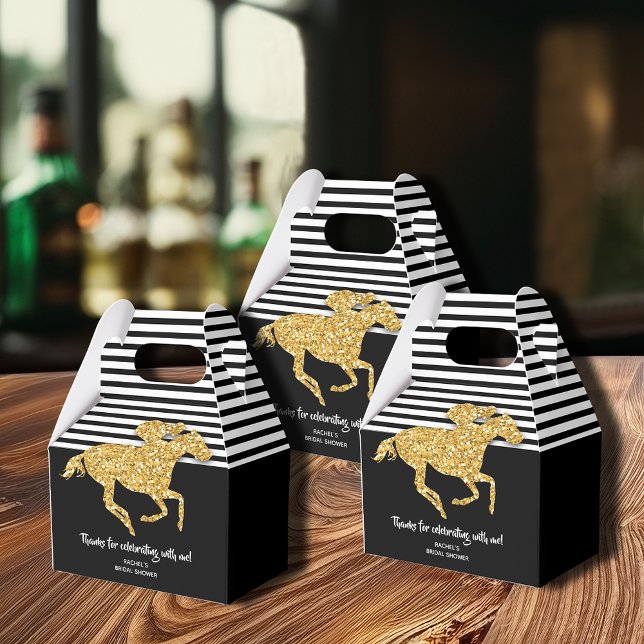 Gold Racehorse Derby Bridal Shower Favor Boxes (Gold racehorse on black and white Derby-theme bridal shower gable favor boxes)