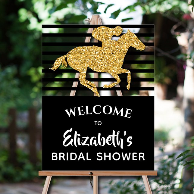 Gold Racehorse Derby Bridal Shower Welcome Acrylic Sign (Gold faux glitter racehorse Derby-themed  bridal shower Welcome acrylic sign)