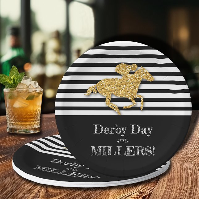 Gold Racehorse on Black and White Stripes Paper Plates (Creator Uploaded)