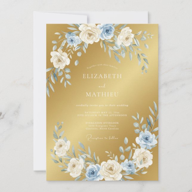 Gold Radiant Dusty Blue Wedding Invitation (Front)