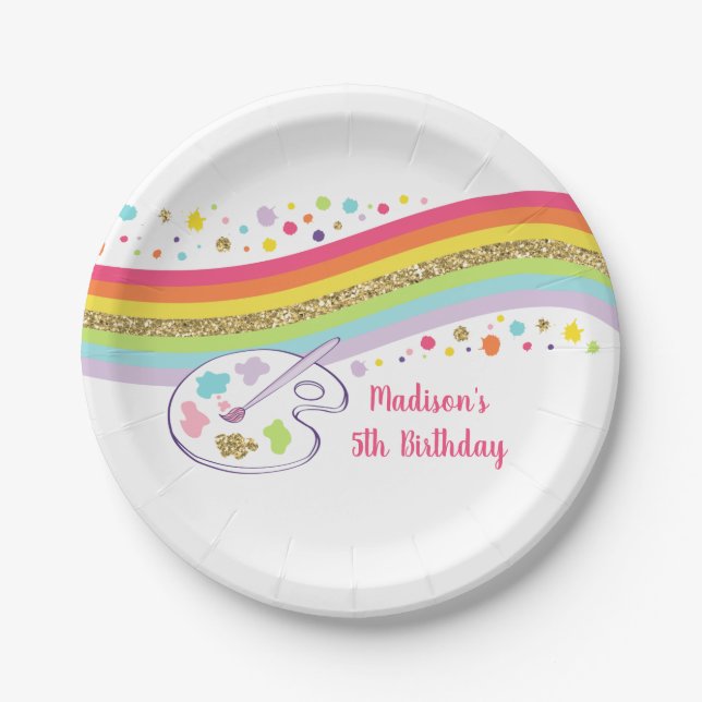 Gold Rainbow Art Party Birthday Paper Plates (Front)