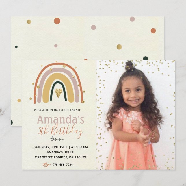Gold Rainbow Boho Birthday Invitation With Photo (Front/Back)