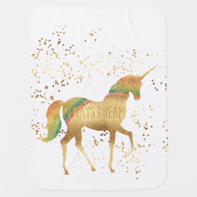 Gold Rainbow Dream Unicorn Baby Blanket (Front)