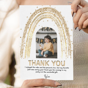 Gold Rainbow Kids Photo Birthday Thank You Card