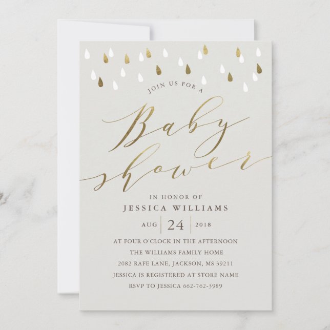 Gold raindrops snd script baby shower invite gray (Front)