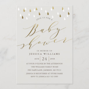 Gold raindrops snd script baby shower invite gray