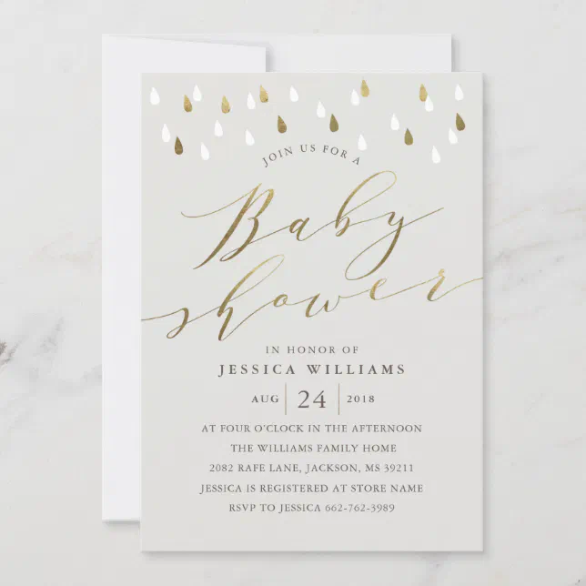 Gold raindrops snd script baby shower invite gray | Zazzle