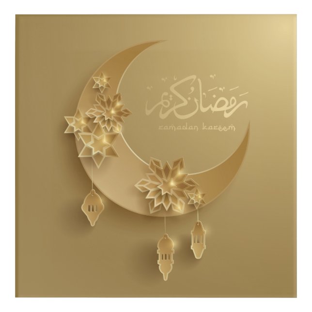 Gold Ramadan Crescent Moon and Lanterns Acrylic Print (Front)