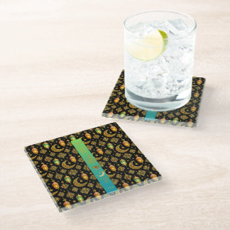 Gold Ramadan Lanterns Teal Black Glass Coaster