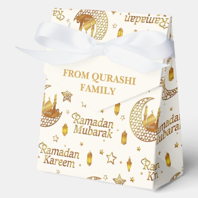 Gold Ramadan Mubarak Pattern with Custom Name Favor Boxes (Front)