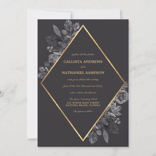 Gold Raven Black Floral Diamond Frame Wedding Invitation
