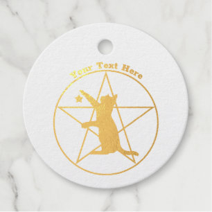Gold Reaching Cat on Pentagram in Circle Star Foil Favor Tags