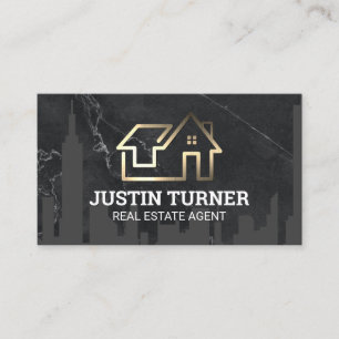 Gold Real Estate Logo City Skyline Marble Business Card