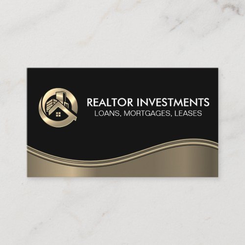 Gold Real Estate Logo  Metallic Wave  Business Card