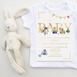 Gold Real Foil Baby Shower Vintage Toy Foil Invitation