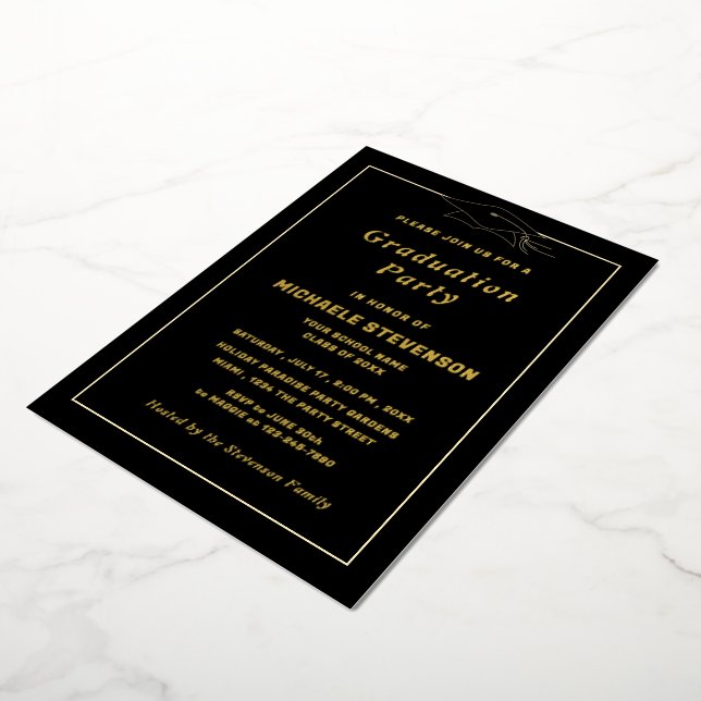 Gold Real Foil Black Graduation Invitation Example (Rotated)