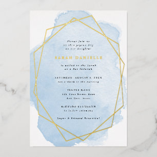 Gold Real Foil Frame-Blue Watercolor Bat Mitzvah Invitation