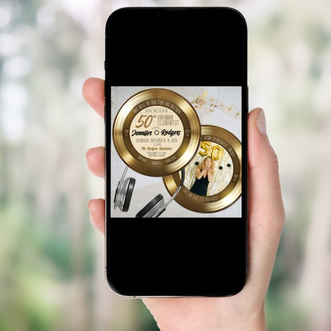 Gold Record Retro Photo 50th Birthday Invitation (Front Digital)