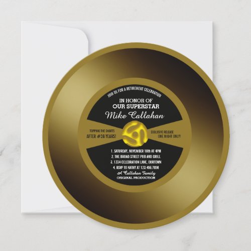 Gold Record Vinyl 45 Retirement Party Invitation