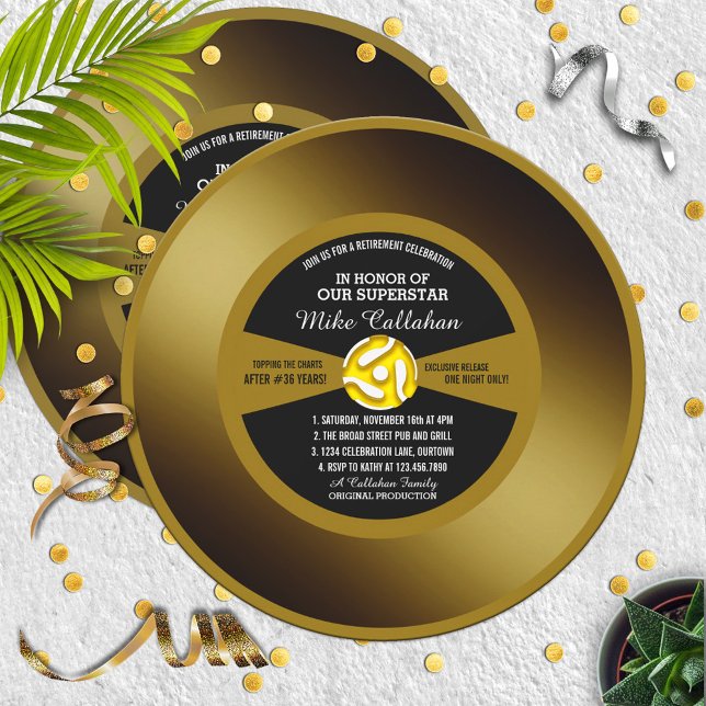 Gold Record Vinyl 45 Retirement Party Invitation (Creator Uploaded)