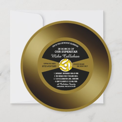 Gold Record Vinyl 45 Retirement Party Invitation