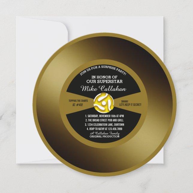 Gold Record Vinyl 45 Surprise Party Invitation (Front)