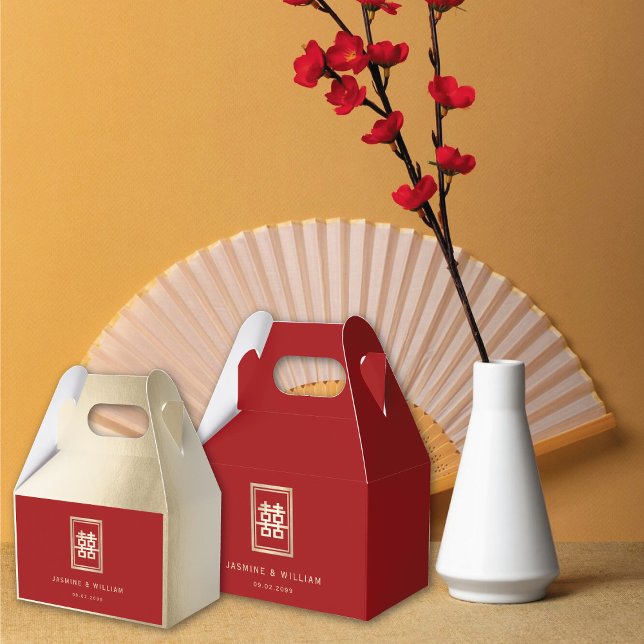 Gold Rectangle Double Happiness Chinese Wedding Favor Boxes (Gold/Red Classic Rectangle Double Happiness Chinese Wedding Party Favor Boxes @ fatfatin_red_knot)