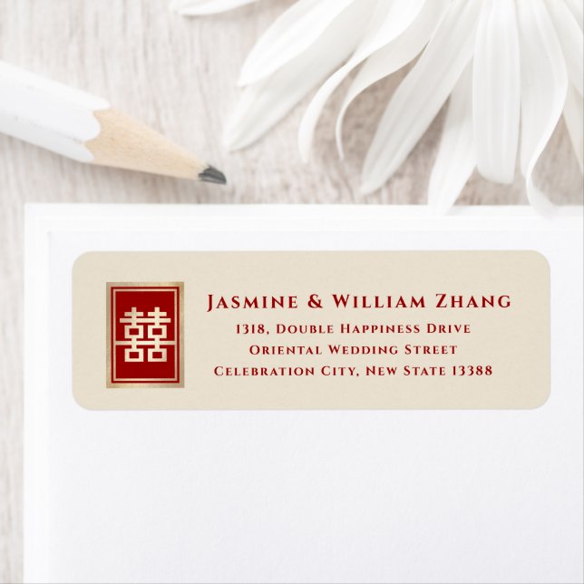 Gold Rectangle Double Happiness Chinese Wedding Label (Insitu)